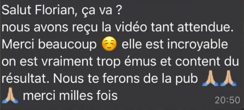 Message de remerciement d'un couple pour sa vidéo de mariage
